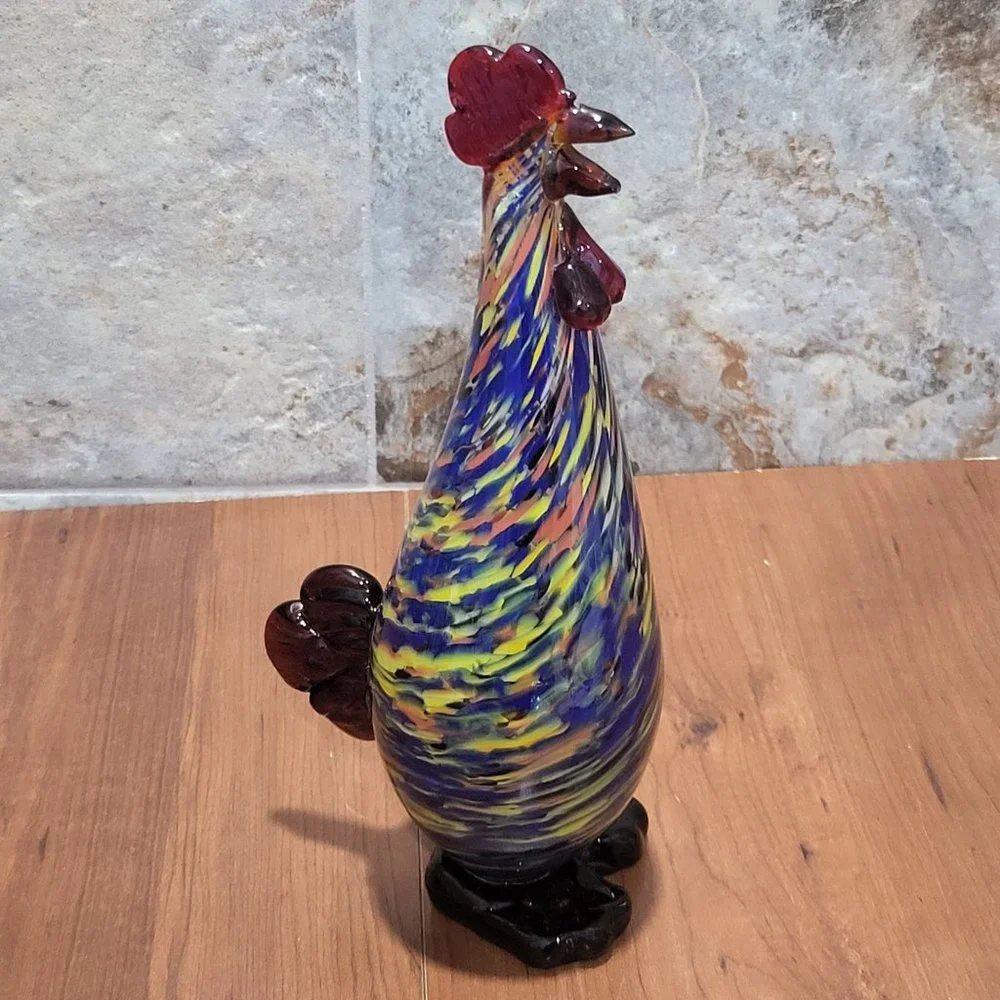 VTG Art Glass Rooster Multicolored Speckled Hand Blown Figurine